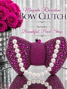 NEW Bow Clutch Purse Sparkling Bling Crystal Rhinestone Bag With Pearl Strap